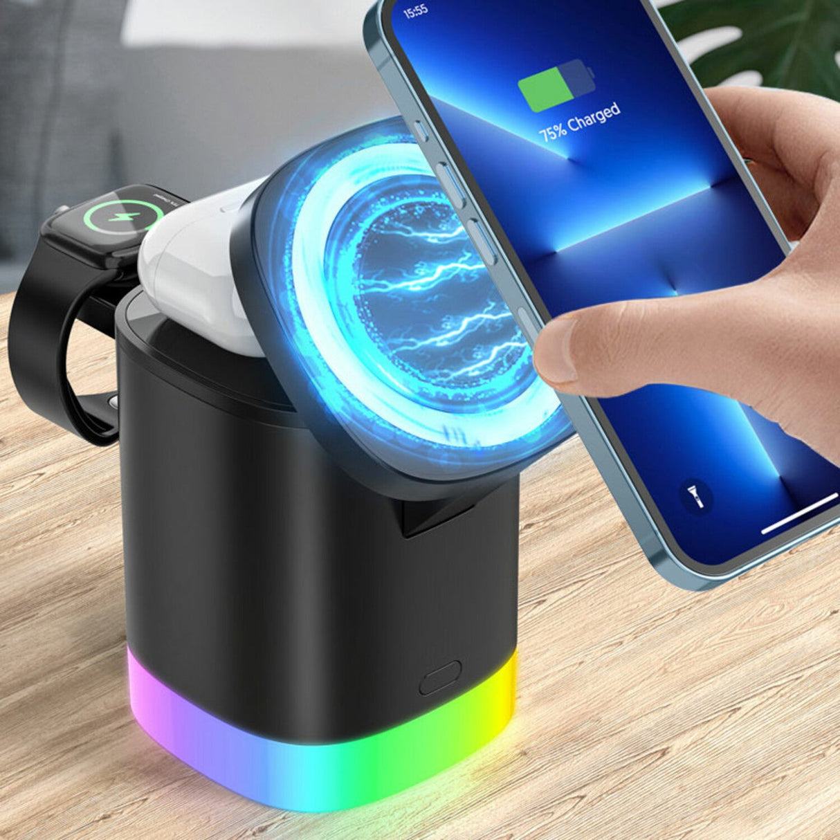 Hopfällbar 3-i-1 Trådlös Laddare med Ljus - 2 varianter