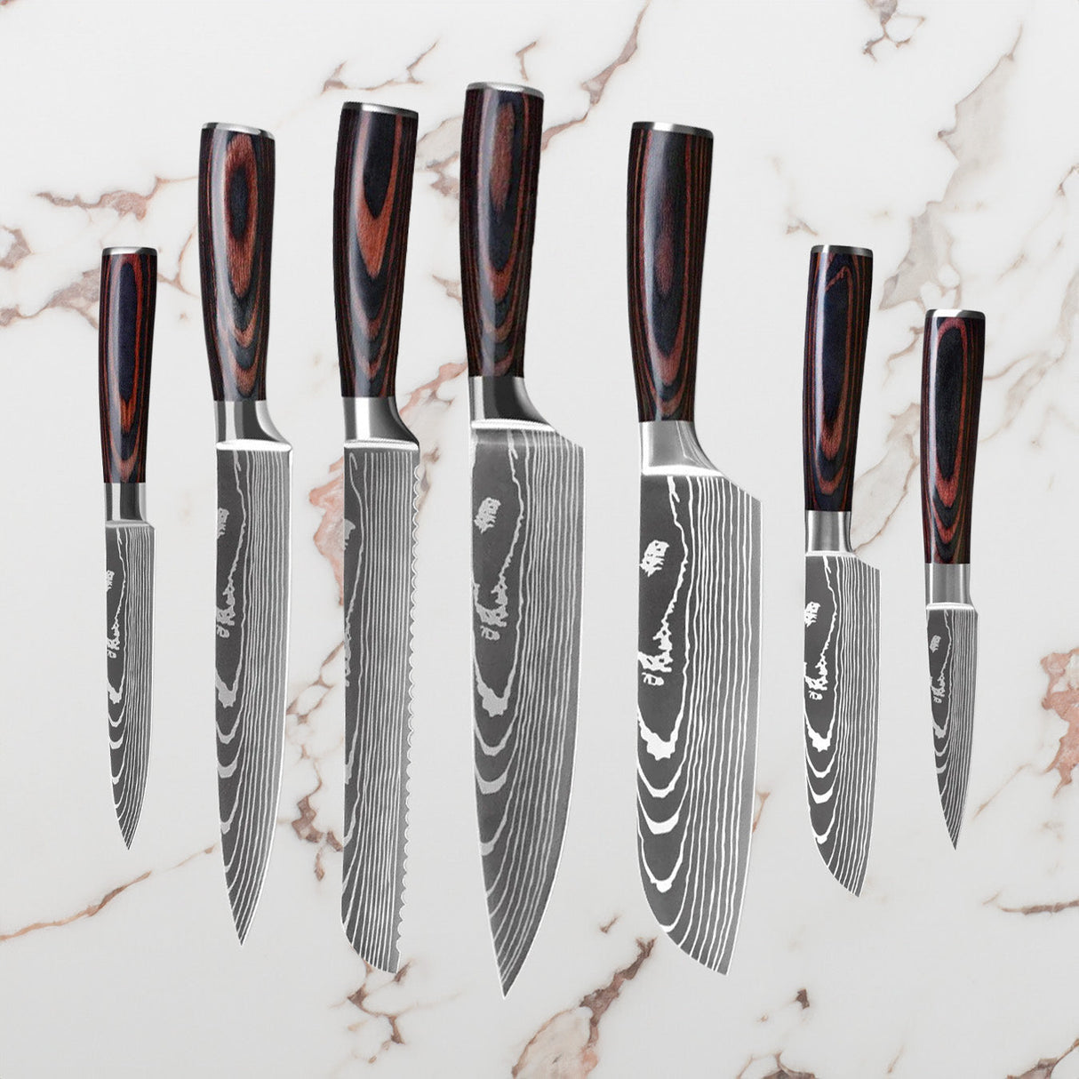 Damaskusmönstrat Knivset – 7 Knivar