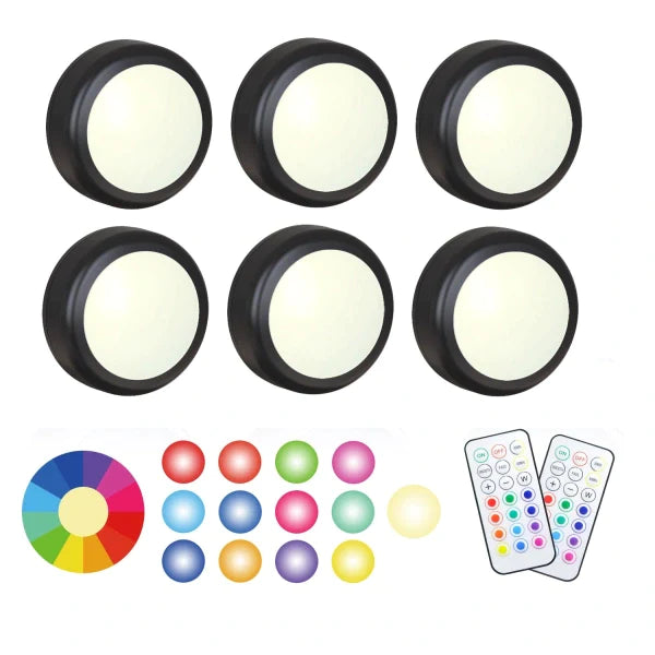 LED-spotlights - 6 st. Trådlösa LED Spots med 2 Fjärrkontroller RGB design 13 färger