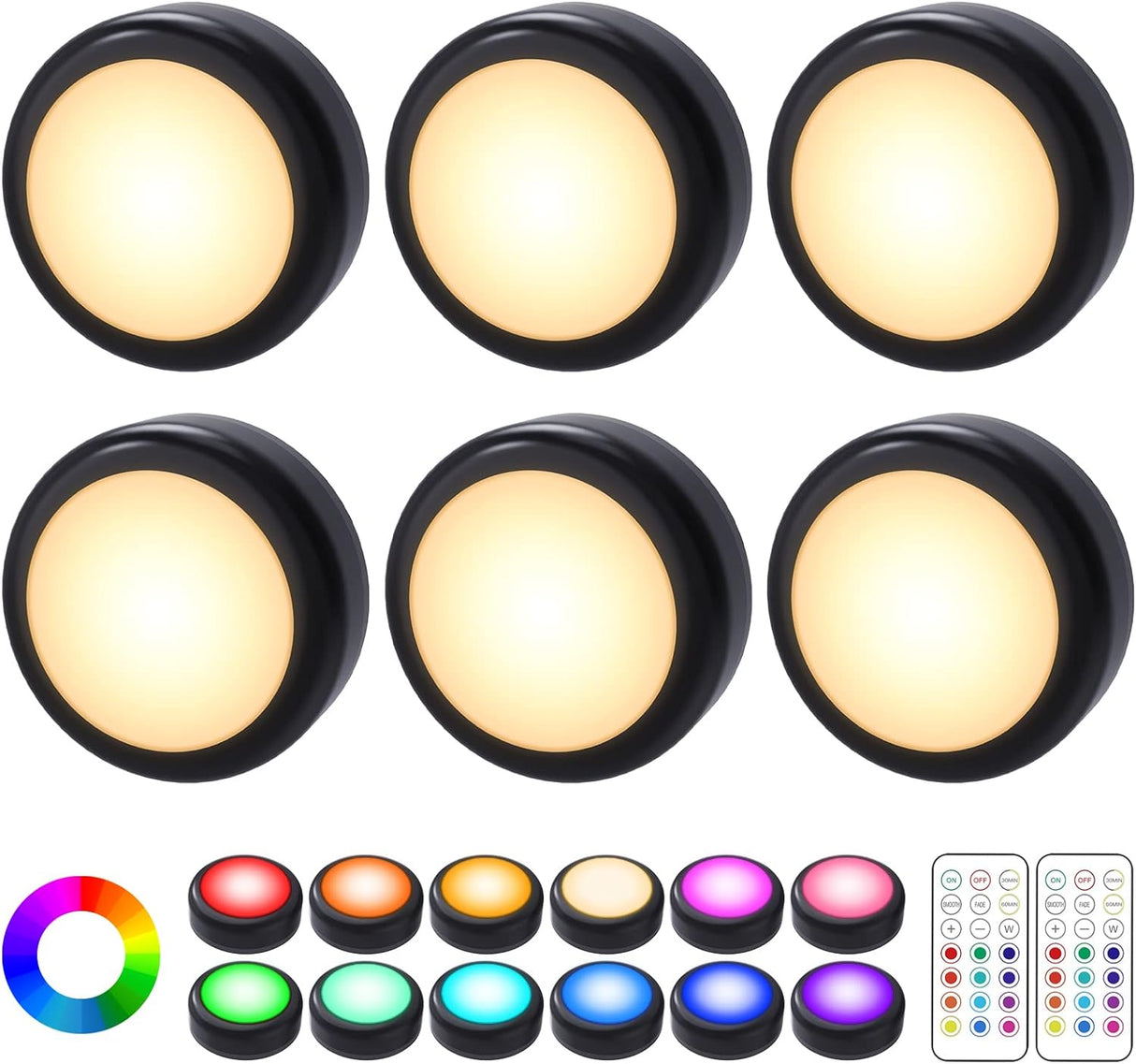 LED-spotlights - 6 st. Trådlösa LED Spots med 2 Fjärrkontroller RGB design 13 färger