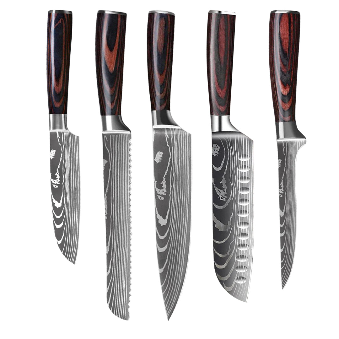 Damaskusmönstrat Knivset – 5 Knivar